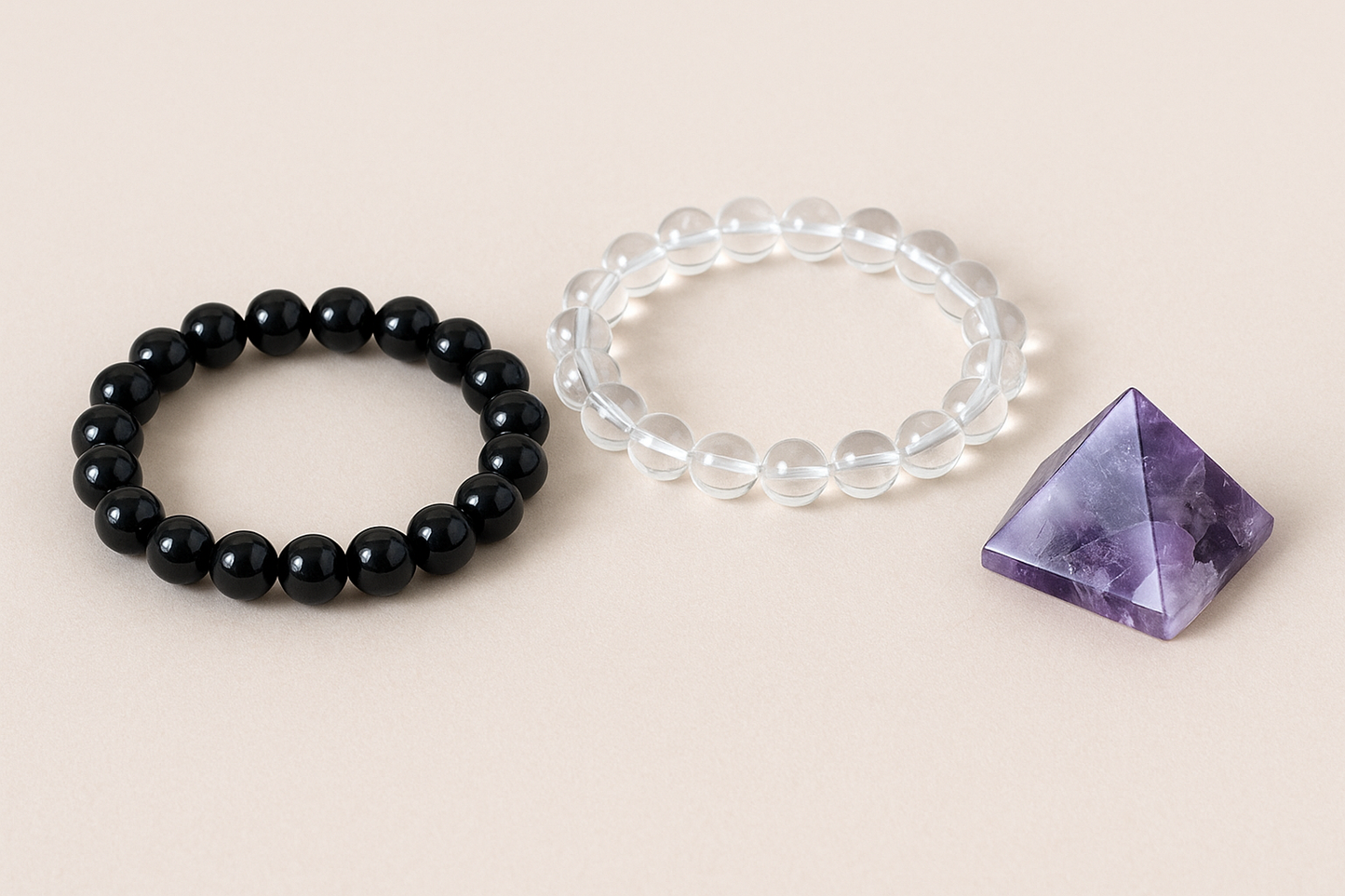 Unlimited Problem Solver Combo (Black Tourmaline Bracelet + Clear Quartz Bracelet + Amethyst Pyramid