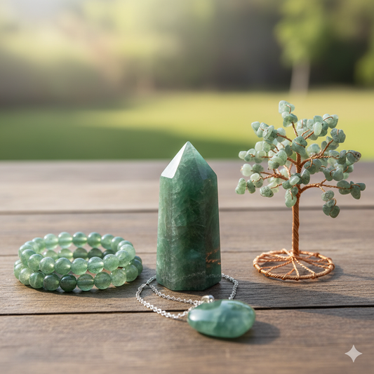 Aventurine Combo for Luck, Prosperity & Calm (Green Aventurine Bracelet • Crystal • Crystal Tree • Heart Pendant)