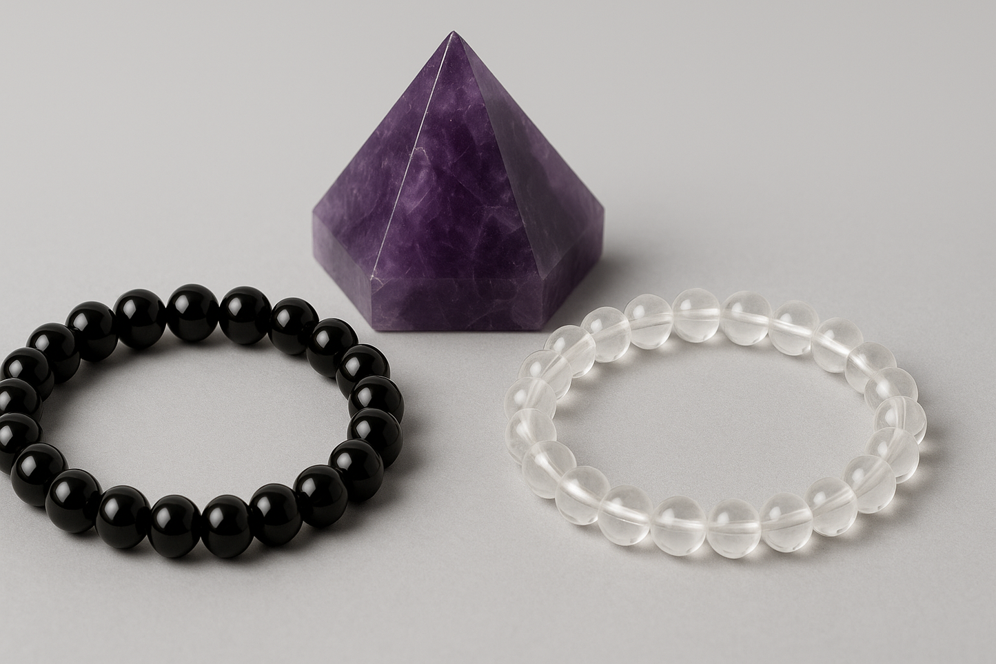 Unlimited Problem Solver Combo (Black Tourmaline Bracelet + Clear Quartz Bracelet + Amethyst Pyramid